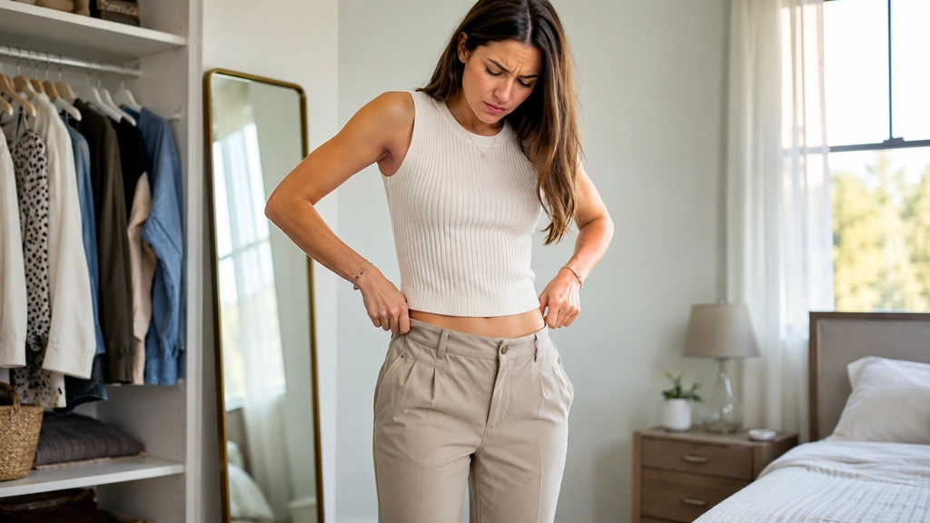 Femme ajustant un pantalon trop large qui glisse dans une chambre lumineuse