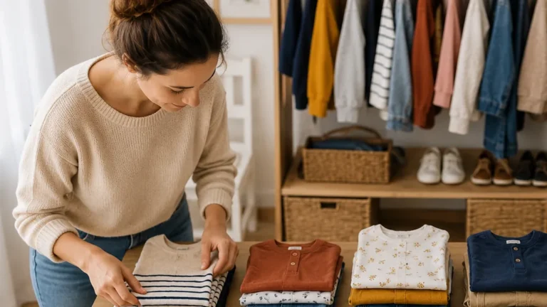 Maman préparant les vêtements de la semaine de ses enfants dans une chambre lumineuse