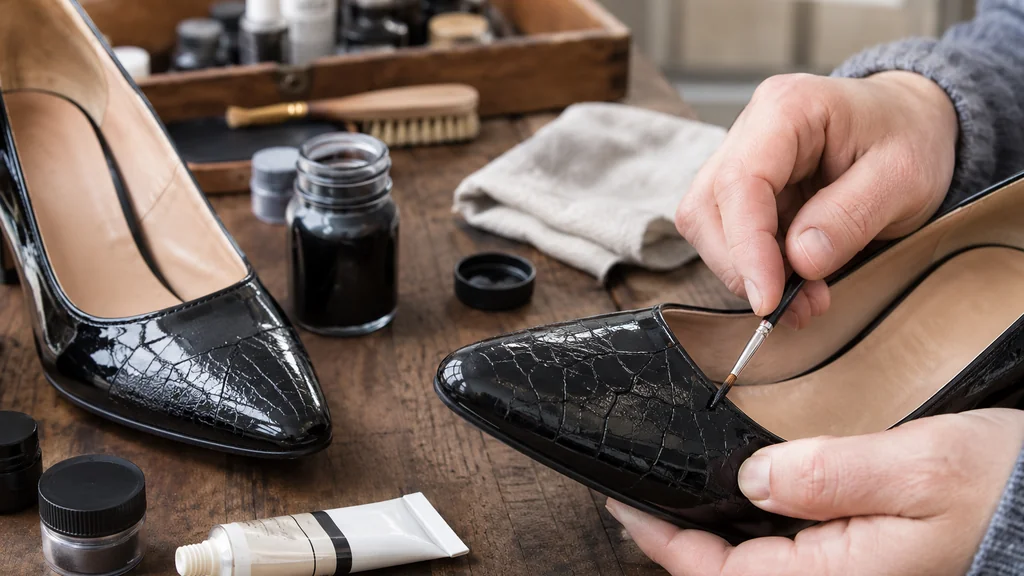 Réparation de chaussures vernies craquelées avec un pinceau et des produits d’entretien du cuir sur une table en bois