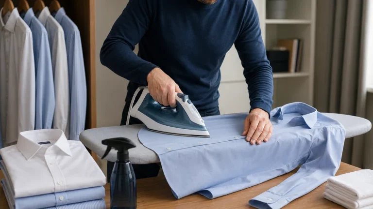 Homme repassant une chemise bleue sur une table à repasser dans une pièce lumineuse et bien rangée