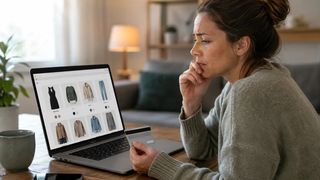 Femme vérifiant un site de vêtements en ligne avant achat sur ordinateur portable avec carte bancaire en main