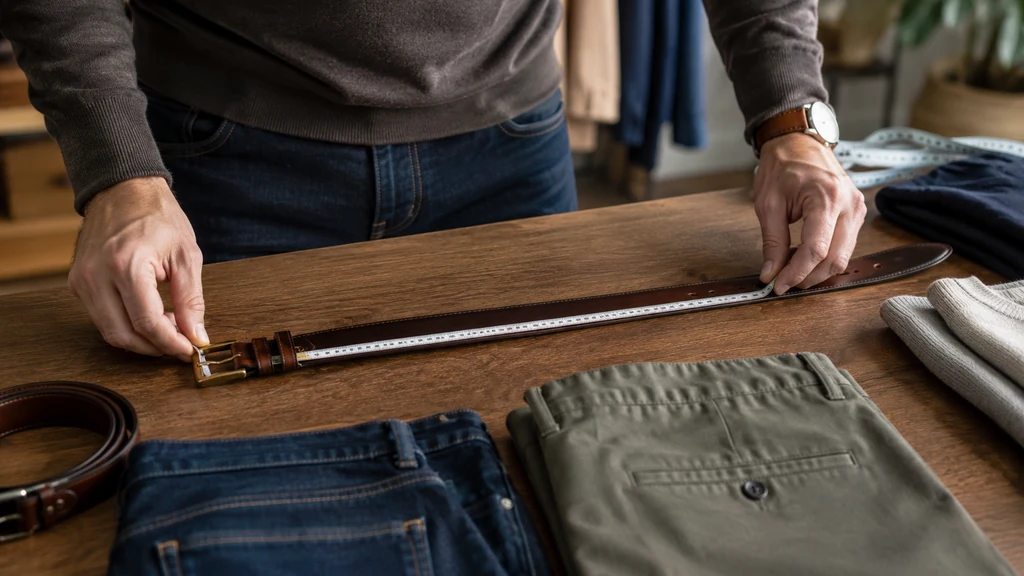 Homme mesurant une ceinture en cuir sur une table pour trouver sa taille ceinture homme