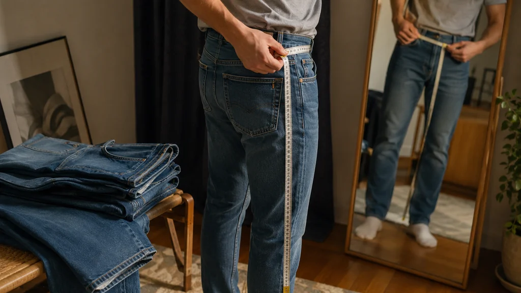 Personne mesurant un jean Levi’s avec un mètre ruban devant un miroir pour choisir la bonne taille