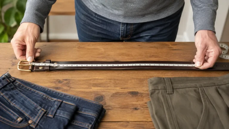 alt="Mesure d’une ceinture en cuir avec un mètre ruban pour choisir la bonne taille"