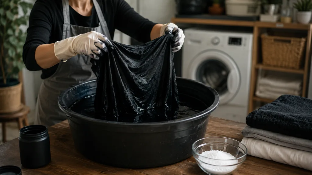 Personne en train de teindre un vêtement en noir à la maison dans une bassine de teinture textile
