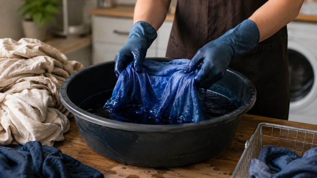 Personne teignant un tissu bleu dans une bassine avec des gants pour réussir une teinture textile maison