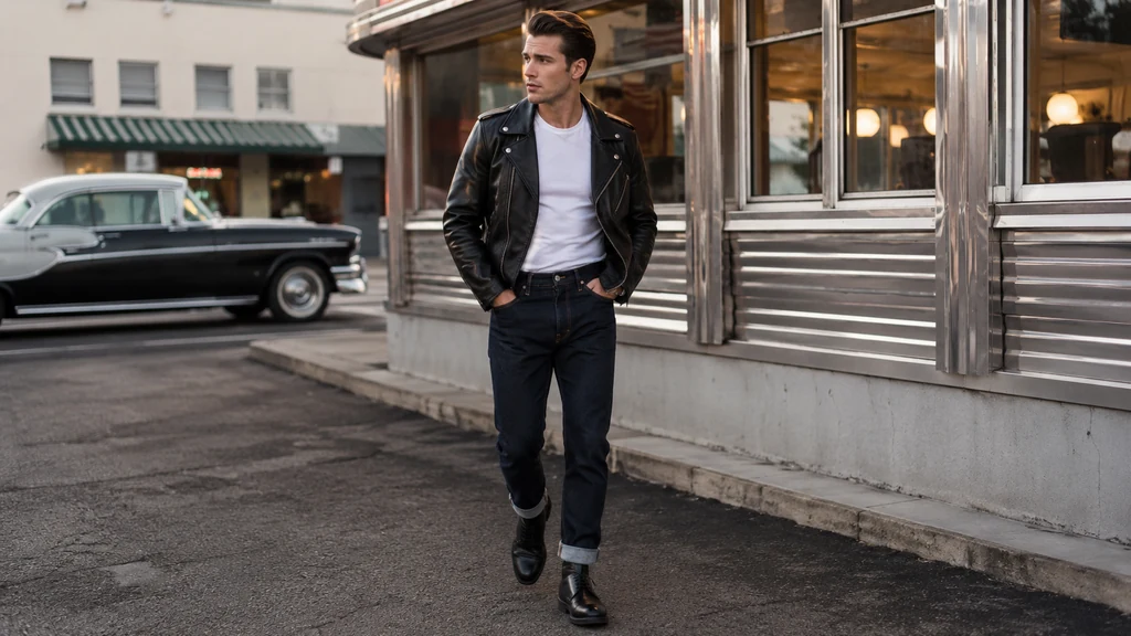 Homme portant une tenue année 50 avec blouson cuir noir, t-shirt blanc et jean brut devant un diner rétro