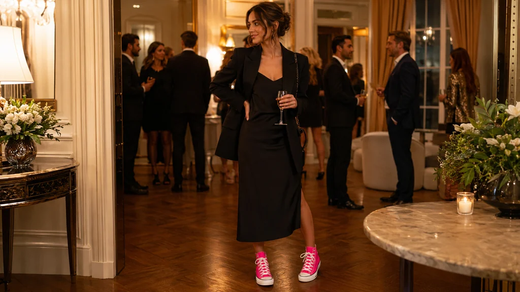 Femme en robe chic noire avec des baskets roses fluo lors d’une soirée élégante