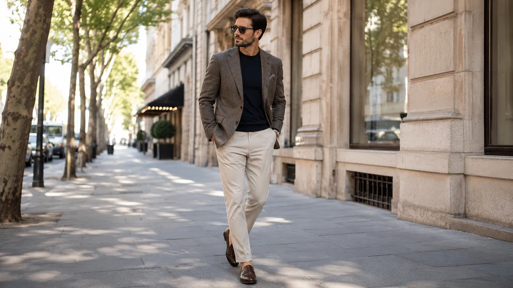 Homme portant une tenue chic avec blazer, pantalon clair et mocassins dans une rue élégante
