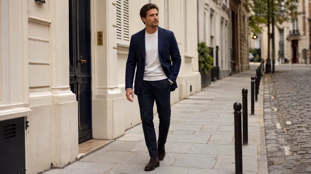 Homme portant une tenue classe avec blazer bleu marine, pull sobre et pantalon ajusté dans une rue urbaine élégante