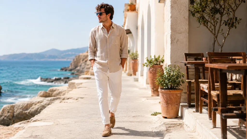 Homme portant une tenue d’été élégante avec chemise en lin et pantalon clair en bord de mer