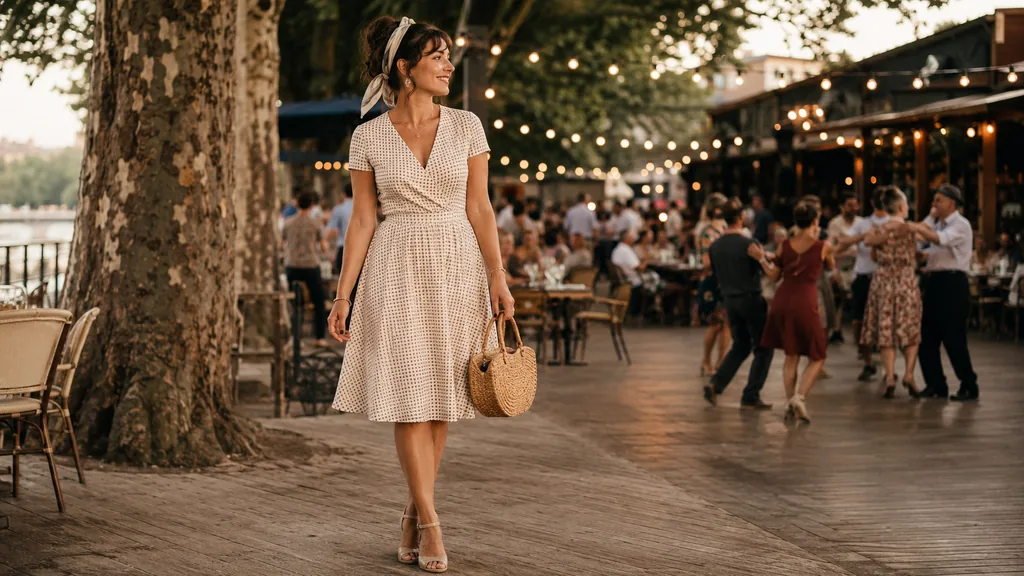 Femme portant une tenue guinguette rétro lors d’une soirée d’été en extérieur avec ambiance festive