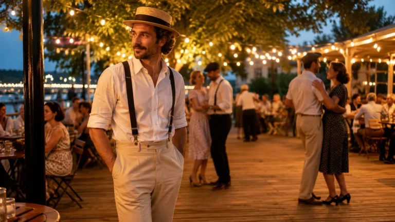 Homme en tenue guinguette avec chemise blanche bretelles et canotier lors d’une soirée en plein air