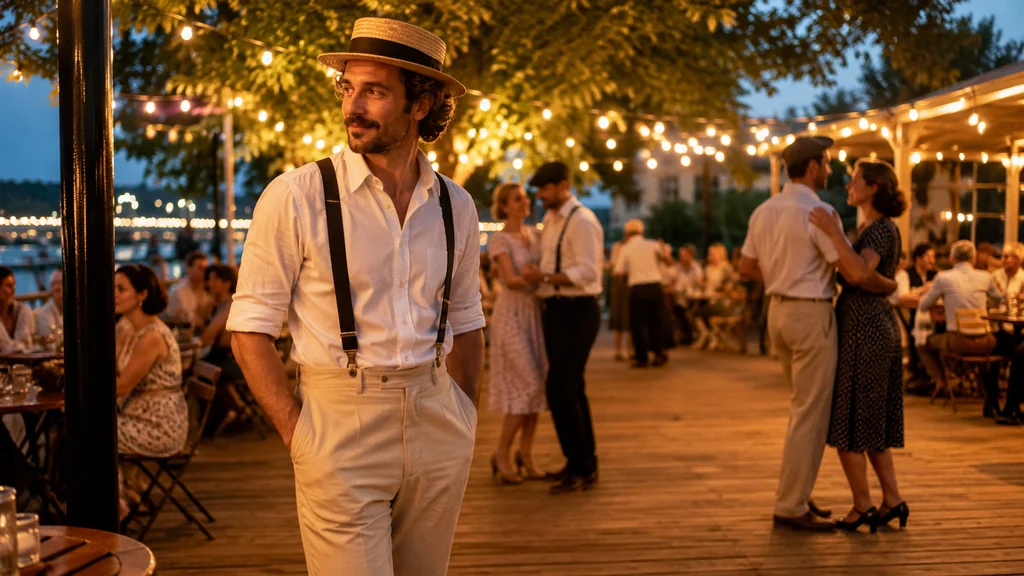 Homme en tenue guinguette avec chemise blanche bretelles et canotier lors d’une soirée en plein air