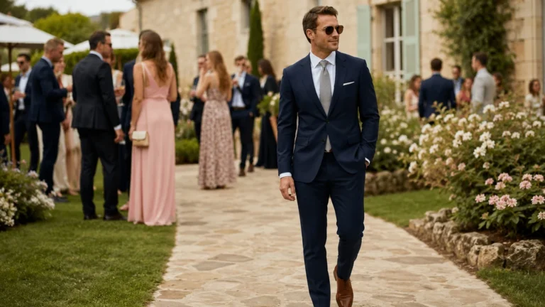 Homme invité à un mariage portant un costume bleu marine élégant lors d’une réception en extérieur
