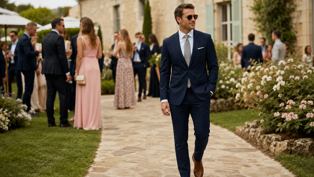 Homme invité à un mariage portant un costume bleu marine élégant lors d’une réception en extérieur