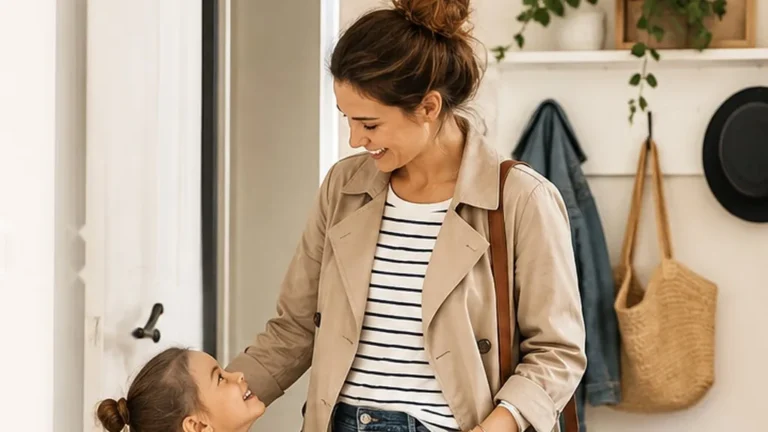 Maman portant une tenue pratique et stylée avec son enfant dans une entrée lumineuse