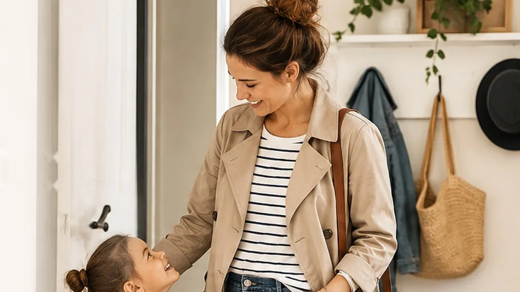 Maman portant une tenue pratique et stylée avec son enfant dans une entrée lumineuse