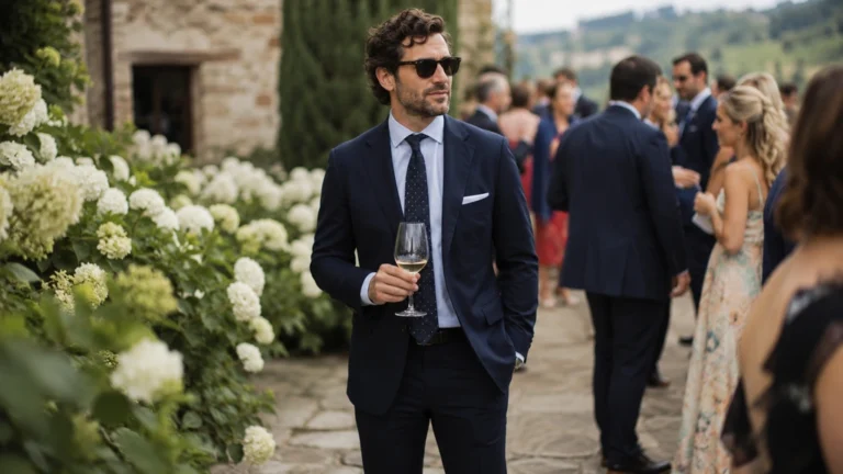 Homme élégant en costume bleu marine lors d’une réception de mariage en extérieur