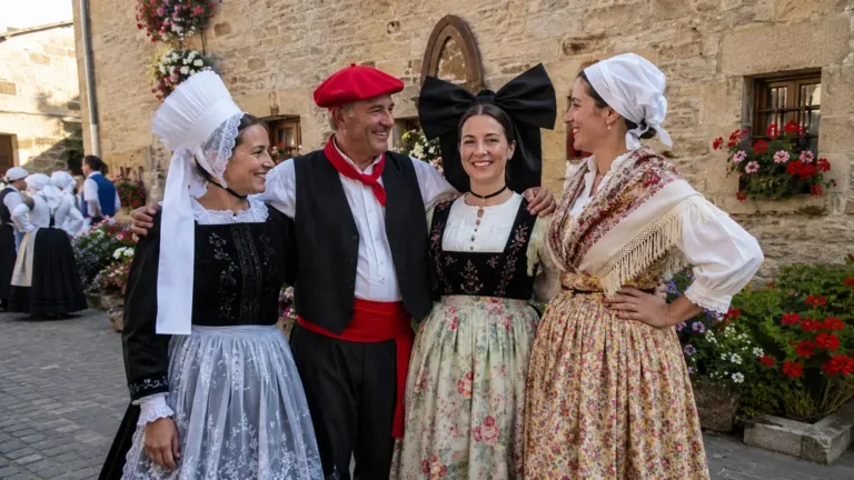Groupe en costumes régionaux français lors d’une fête traditionnelle dans un village
