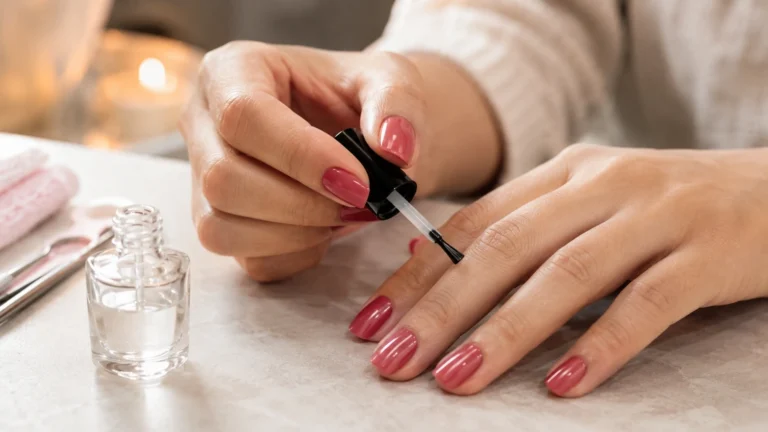 Application d’un top coat transparent sur des ongles roses brillants lors d’une manucure