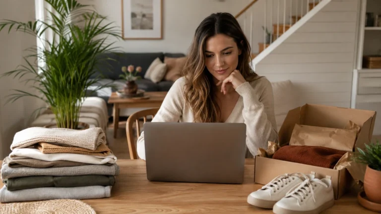 Femme consultant une boutique de mode éthique en ligne avec vêtements durables et emballage responsable