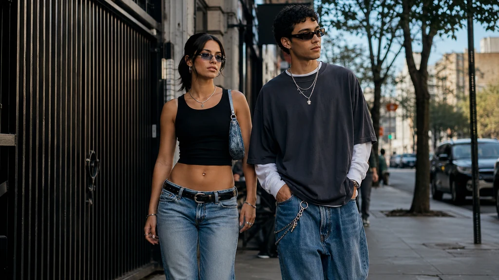 Deux jeunes adultes portant des tenues inspirées du Y2K style avec jean taille basse, crop top, lunettes teintées et accessoires années 2000 dans une rue urbaine