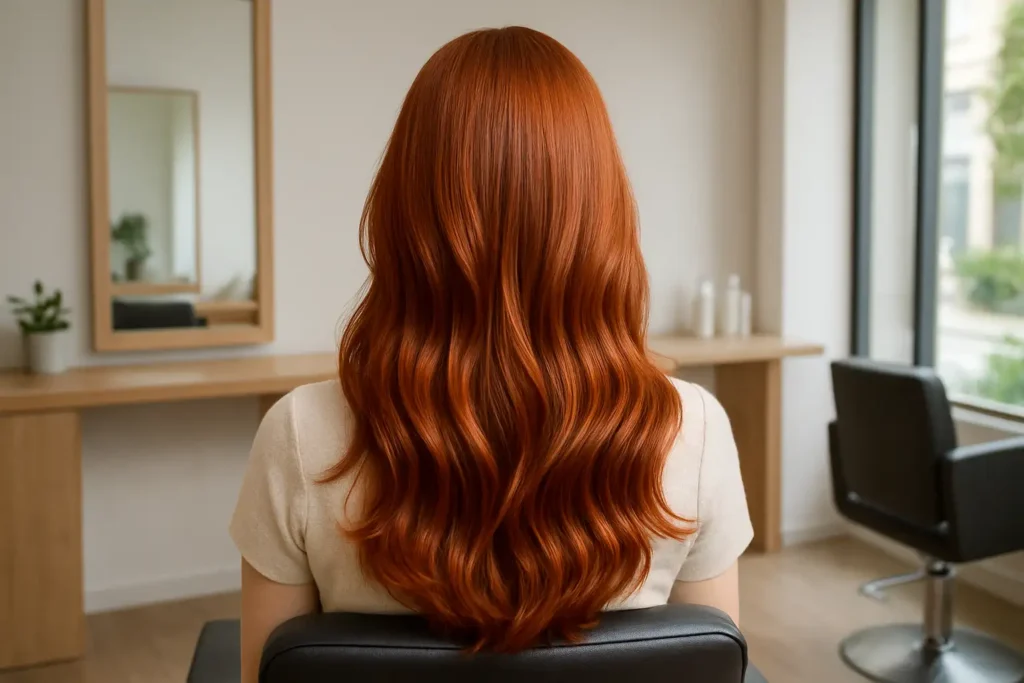 Cheveux auburn châtain-roux avec reflets cuivrés dans un salon de coiffure