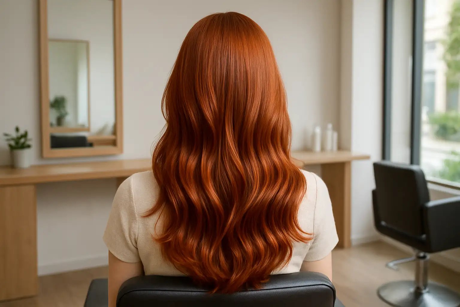 Cheveux auburn châtain-roux avec reflets cuivrés dans un salon de coiffure
