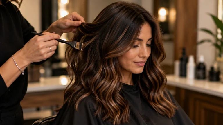 Femme brune avec balayage chocolat naturel appliqué en salon sur cheveux longs ondulés