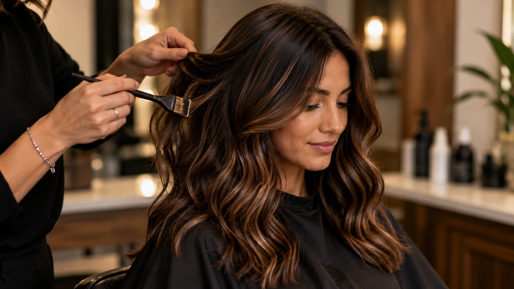Femme brune avec balayage chocolat naturel appliqué en salon sur cheveux longs ondulés