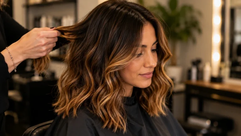 Femme brune avec balayage miel lumineux réalisé en salon de coiffure sur cheveux ondulés