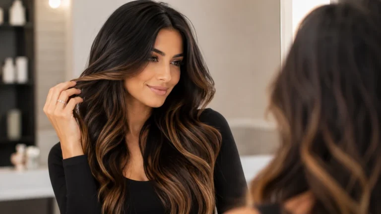 Femme aux cheveux noirs avec balayage caramel lumineux observant ses reflets devant un miroir