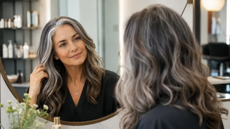 Femme aux cheveux gris avec balayage de transition naturel observant ses reflets devant un miroir