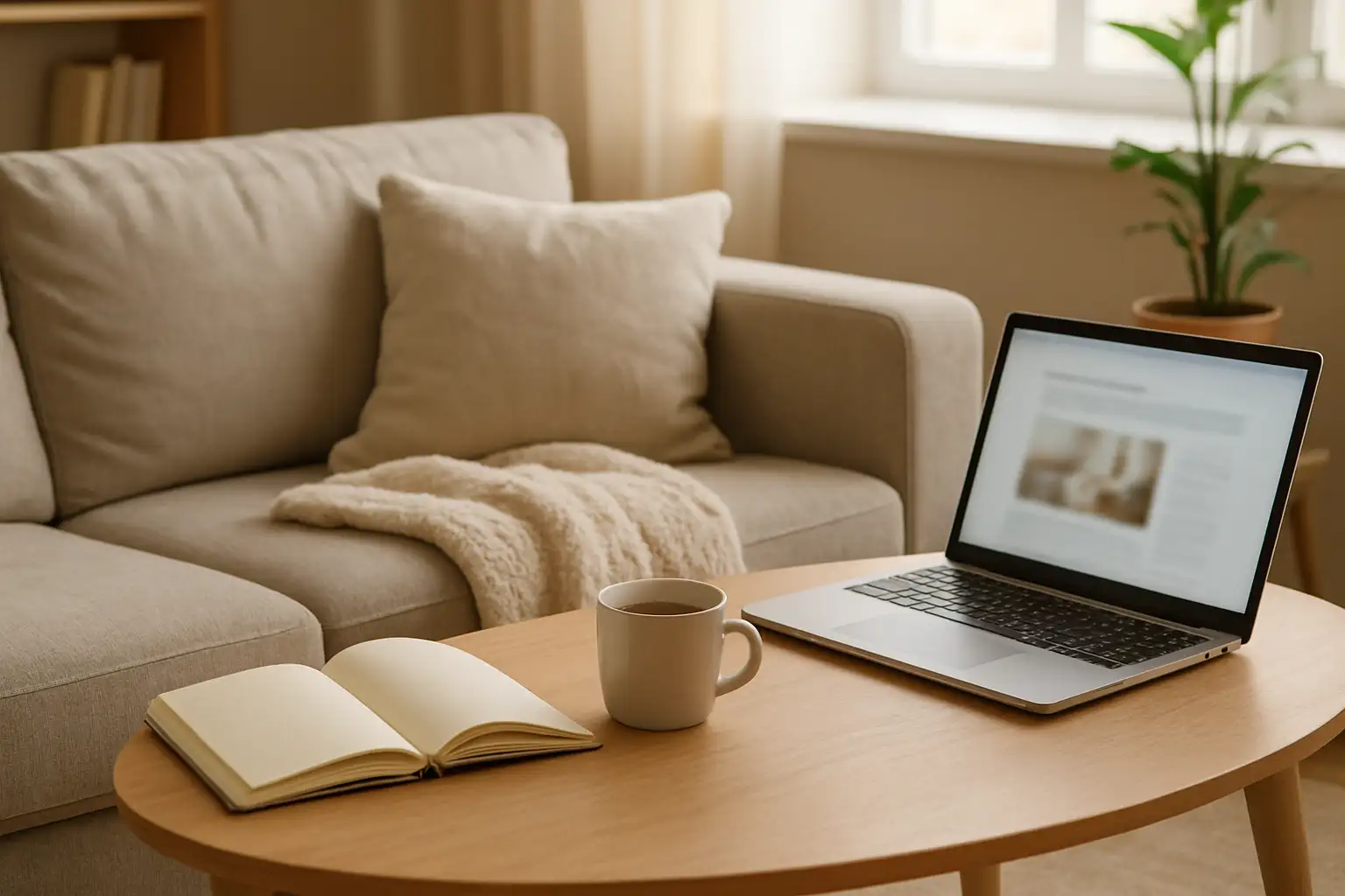Coin de maison chaleureux avec ordinateur portable ouvert sur un blog santé et accessoires de lecture