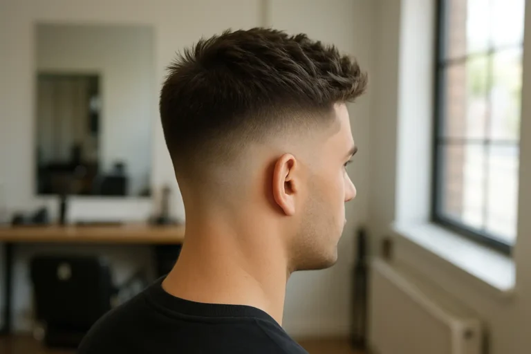 Coupe burst fade homme avec dégradé en arc autour de l’oreille et volume sur le dessus