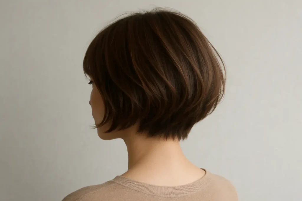 Carré court dégradé sur cheveux fins avec nuque courte et mèches frontales plus longues