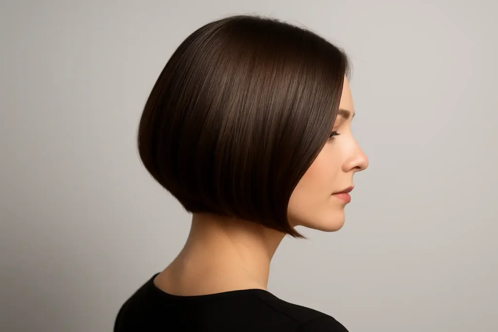 Carré plongeant mi long lisse et brillant, vu de profil sur fond neutre