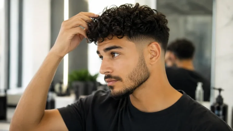 Homme aux cheveux frisés avec taper fade moderne coiffant ses boucles devant un miroir