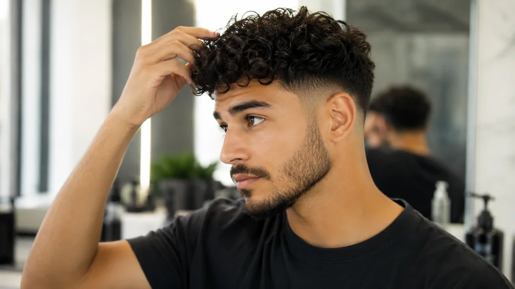Homme aux cheveux frisés avec taper fade moderne coiffant ses boucles devant un miroir