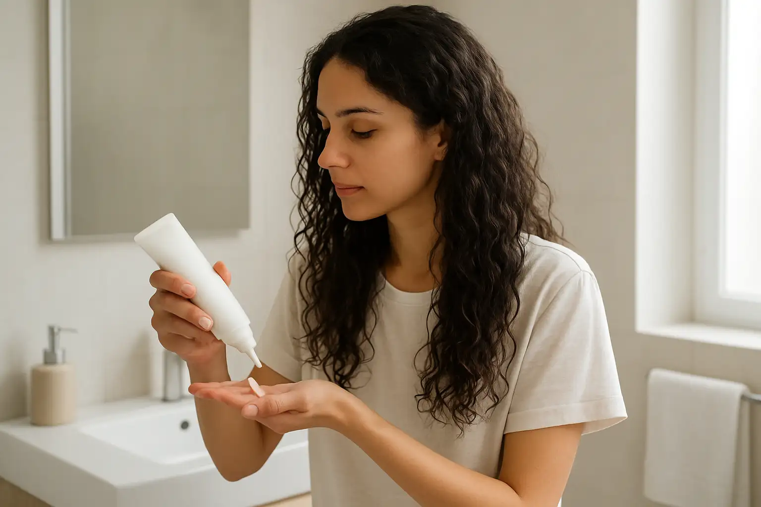 Personne appliquant un soin sur des cheveux mousseux dans une salle de bain moderne