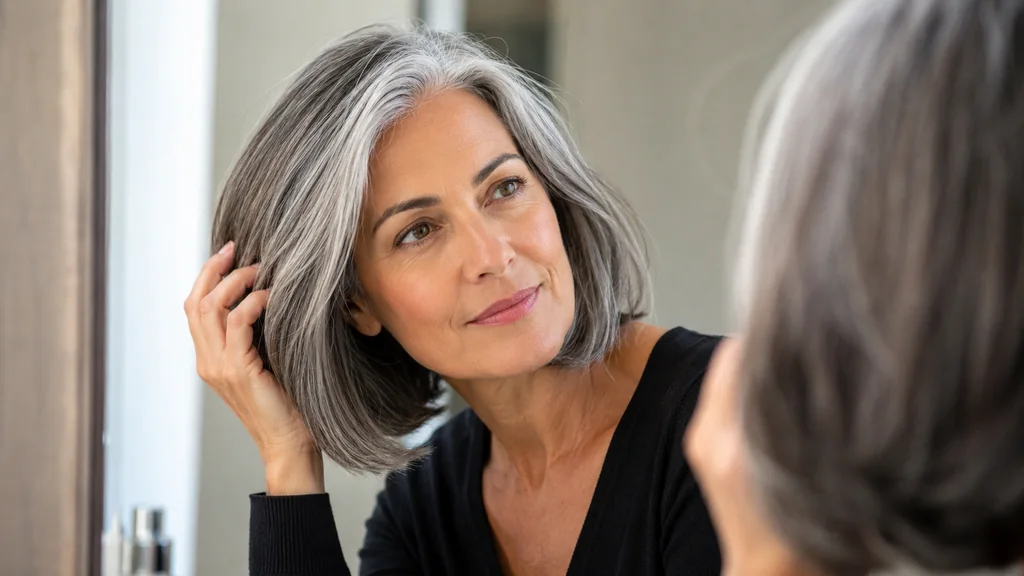 Femme aux cheveux poivre et sel brillants observant sa coupe moderne devant un miroir