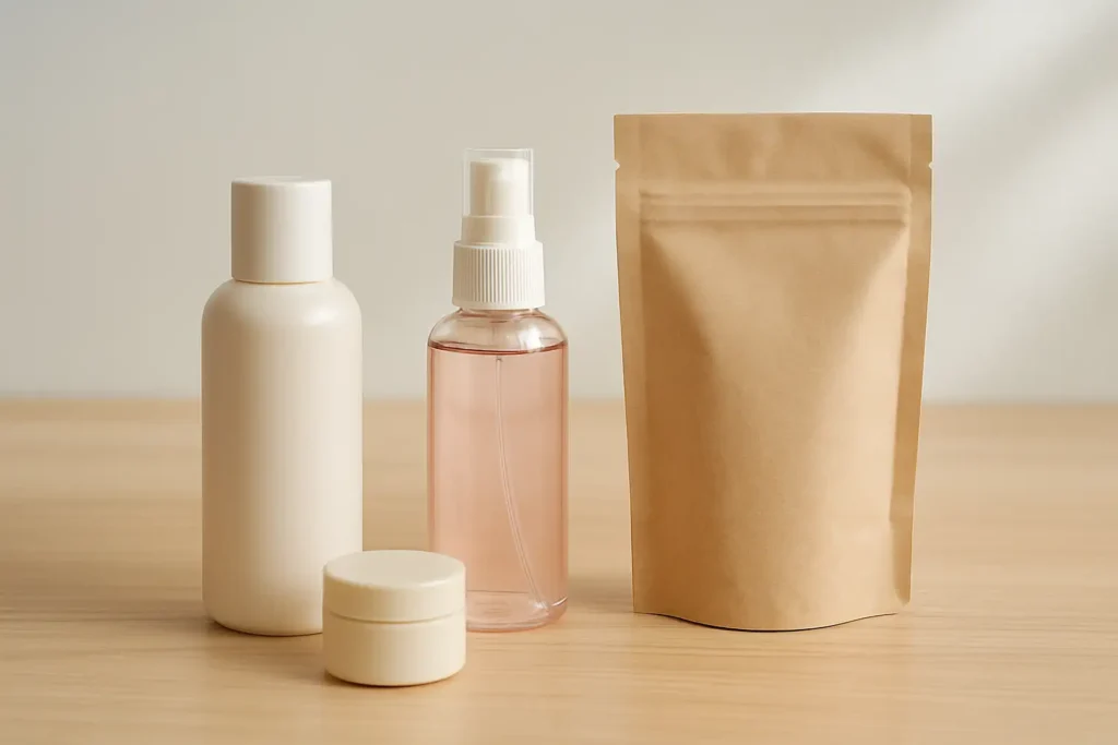 Produits de beauté Cien posés sur une surface en bois clair, avec un soin visage, une brume parfumée et un emballage naturel.