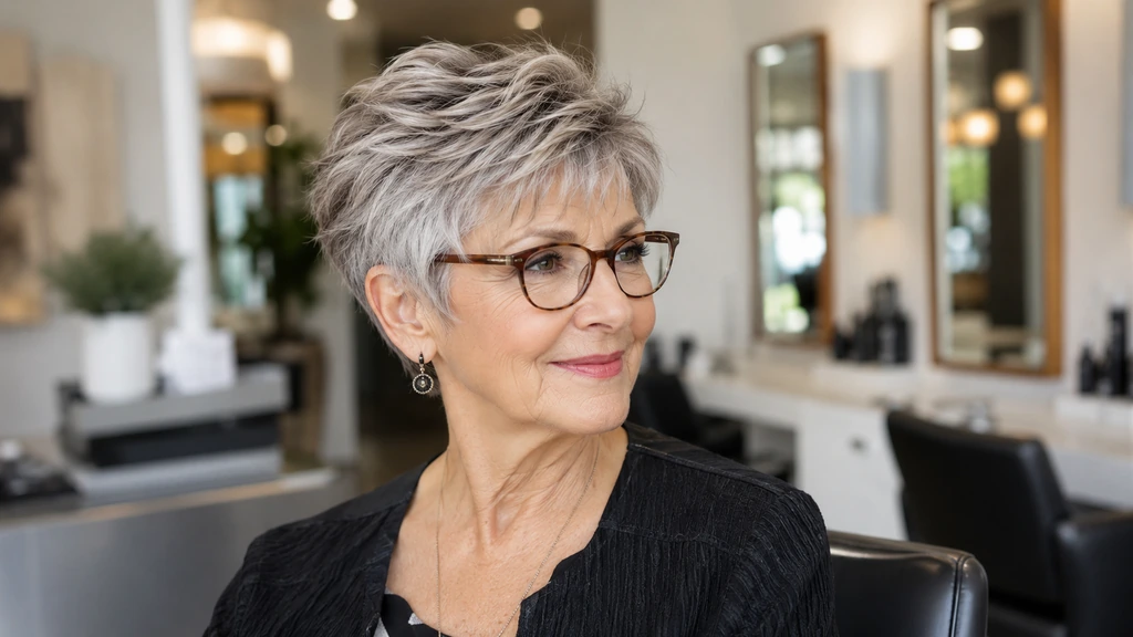 Femme de 70 ans avec coupe courte volumineuse sur cheveux fins et lunettes dans un salon de coiffure