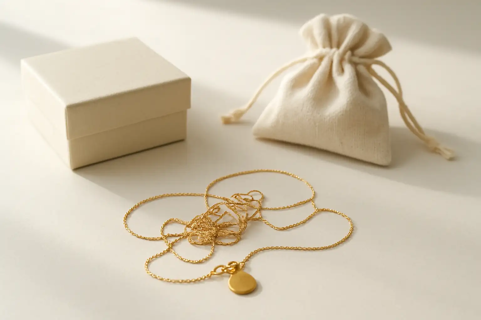 Un collier délicat emmêlé sur une table, à côté d’un écrin à bijoux