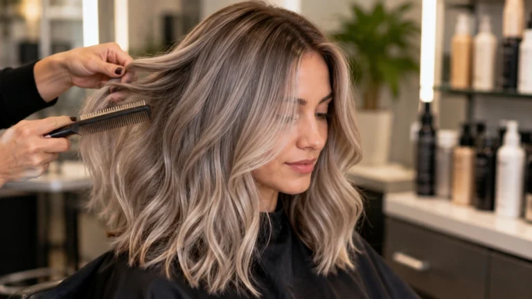 Femme avec blond cendré lumineux coiffé en ondulations souples dans un salon de coiffure moderne