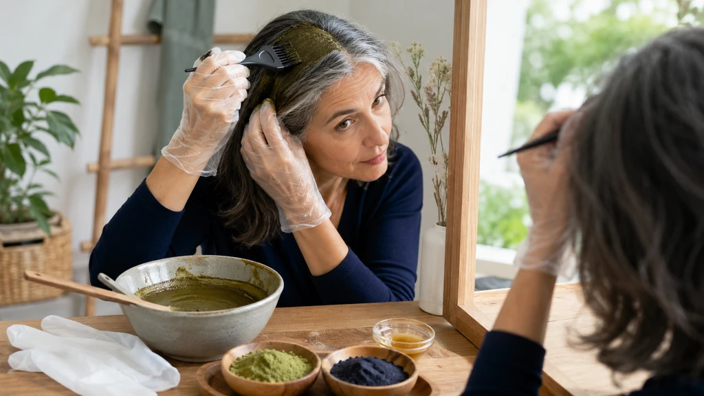 Femme appliquant une coloration végétale naturelle sur cheveux blancs avec henné et indigo devant un miroir