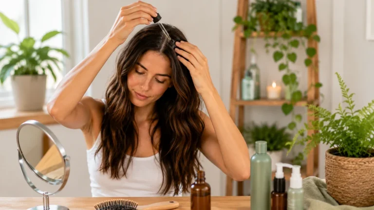 Femme appliquant un soin sur son cuir chevelu pour faire pousser ses cheveux plus vite