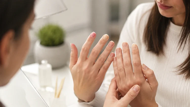 Femme observant la couleur naturelle de ses ongles lors d’un soin des mains en institut