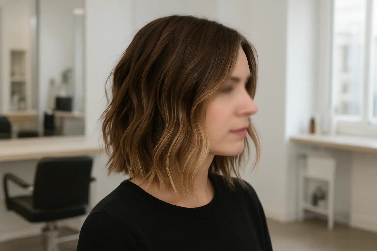 Femme avec un carré mi-long dégradé wavy en salon de coiffure